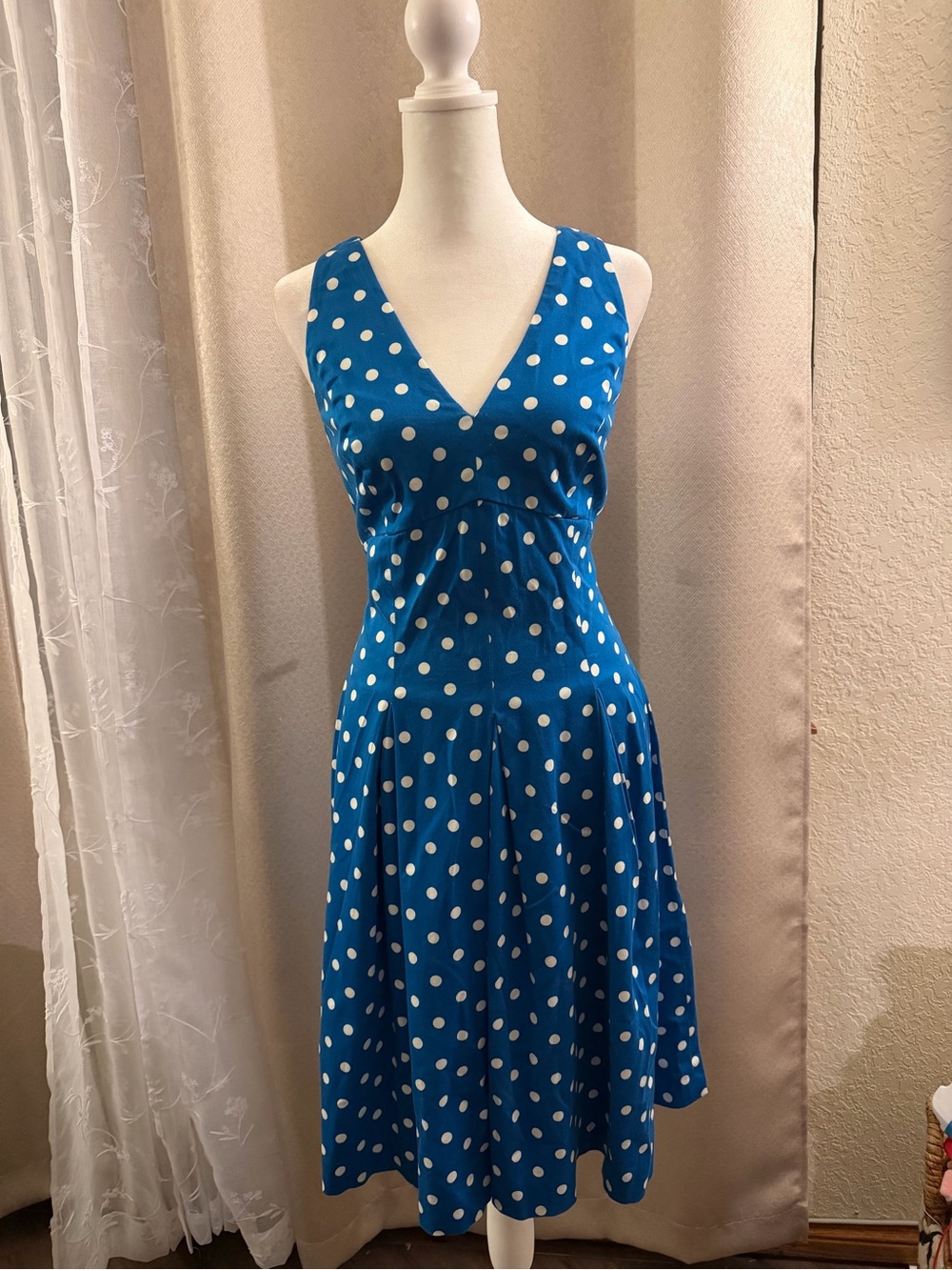 American Living Blue and White Polka Dot V-Neck Midi Dress